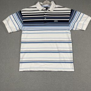 Avirex Polo Shirt Mens Large White Blue Stripped Superior Grade Authentic Golf